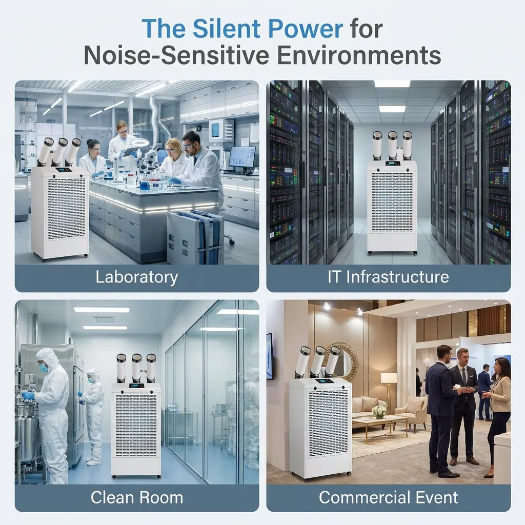 لیبارٹری میں کسٹم پروفیشنل کم شور 65dB سائلنٹ آپریشن LCD ڈسپلے موبائل ایئر کنڈیشنر پورٹیبل انڈسٹریل AC