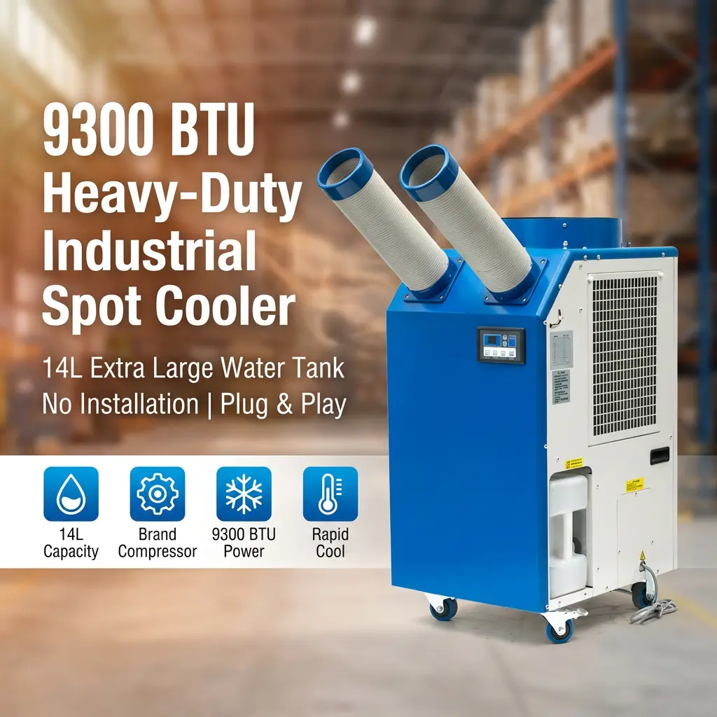 OEM 14L بڑا ٹینک 2700W پاور 9300BTU روٹری کمپریسر پورٹیبل اسپاٹ کولر صنعتی ایئر کنڈیشنر برائے ورکشاپ OEM 14L بڑا ٹینک 2700W پاور 9300BTU روٹری کمپریسر پورٹیبل اسپاٹ کولر صنعتی ایئر کنڈیشنر برائے ورکشاپ